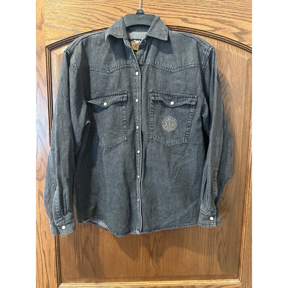 Women's Harley Davidson black denim pearl snap shirt with embroidered logo